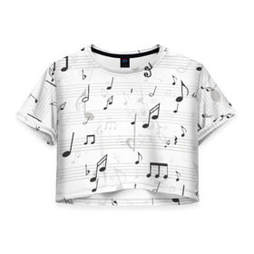 Женская футболка 3D укороченная с принтом ноты в Санкт-Петербурге, 100% полиэстер | круглая горловина, длина футболки до линии талии, рукава с отворотами | музыка | ноты | струны