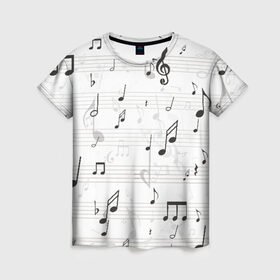 Женская футболка 3D с принтом ноты в Санкт-Петербурге, 100% полиэфир ( синтетическое хлопкоподобное полотно) | прямой крой, круглый вырез горловины, длина до линии бедер | Тематика изображения на принте: музыка | ноты | струны