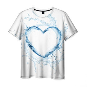 Мужская футболка 3D с принтом Водяное сердце в Санкт-Петербурге, 100% полиэфир | прямой крой, круглый вырез горловины, длина до линии бедер | брызги | вода | жидкость | капли | кольцо | круг | сердце | синий