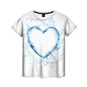 Женская футболка 3D с принтом Водяное сердце в Санкт-Петербурге, 100% полиэфир ( синтетическое хлопкоподобное полотно) | прямой крой, круглый вырез горловины, длина до линии бедер | брызги | вода | жидкость | капли | кольцо | круг | сердце | синий