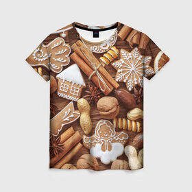 Женская футболка 3D с принтом Новогодние вкусняшки в Санкт-Петербурге, 100% полиэфир ( синтетическое хлопкоподобное полотно) | прямой крой, круглый вырез горловины, длина до линии бедер | вкусняшки | конфеты | лакомство | леденцы | новый год | обжора | объедение | орешки | печенки | праздник | сладкоежка | сладости