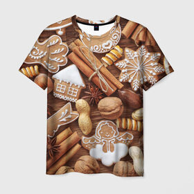 Мужская футболка 3D с принтом Новогодние вкусняшки в Санкт-Петербурге, 100% полиэфир | прямой крой, круглый вырез горловины, длина до линии бедер | вкусняшки | конфеты | лакомство | леденцы | новый год | обжора | объедение | орешки | печенки | праздник | сладкоежка | сладости