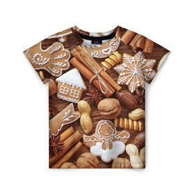 Детская футболка 3D с принтом Новогодние вкусняшки в Санкт-Петербурге, 100% гипоаллергенный полиэфир | прямой крой, круглый вырез горловины, длина до линии бедер, чуть спущенное плечо, ткань немного тянется | вкусняшки | конфеты | лакомство | леденцы | новый год | обжора | объедение | орешки | печенки | праздник | сладкоежка | сладости