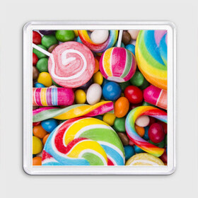 Магнит 55*55 с принтом Вкусняшки в Санкт-Петербурге, Пластик | Размер: 65*65 мм; Размер печати: 55*55 мм | вкусняшки | драже | конфеты | лакомство | леденцы | мармелад | обжора | объедение | орешки | праздник | сладкоежка | сладости | шоколад
