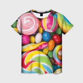 Женская футболка 3D с принтом Вкусняшки в Санкт-Петербурге, 100% полиэфир ( синтетическое хлопкоподобное полотно) | прямой крой, круглый вырез горловины, длина до линии бедер | вкусняшки | драже | конфеты | лакомство | леденцы | мармелад | обжора | объедение | орешки | праздник | сладкоежка | сладости | шоколад