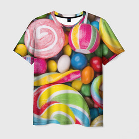 Мужская футболка 3D с принтом Вкусняшки в Санкт-Петербурге, 100% полиэфир | прямой крой, круглый вырез горловины, длина до линии бедер | вкусняшки | драже | конфеты | лакомство | леденцы | мармелад | обжора | объедение | орешки | праздник | сладкоежка | сладости | шоколад