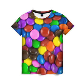Женская футболка 3D с принтом Цветные конфетки в Санкт-Петербурге, 100% полиэфир ( синтетическое хлопкоподобное полотно) | прямой крой, круглый вырез горловины, длина до линии бедер | вкусняшки | драже | конфеты | лакомство | сладости | шоколад