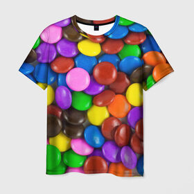 Мужская футболка 3D с принтом Цветные конфетки в Санкт-Петербурге, 100% полиэфир | прямой крой, круглый вырез горловины, длина до линии бедер | вкусняшки | драже | конфеты | лакомство | сладости | шоколад