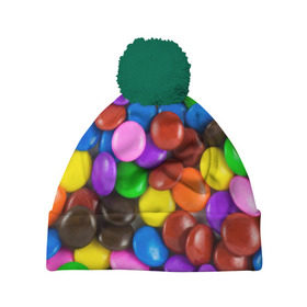 Шапка 3D c помпоном с принтом Цветные конфетки в Санкт-Петербурге, 100% полиэстер | универсальный размер, печать по всей поверхности изделия | вкусняшки | драже | конфеты | лакомство | сладости | шоколад