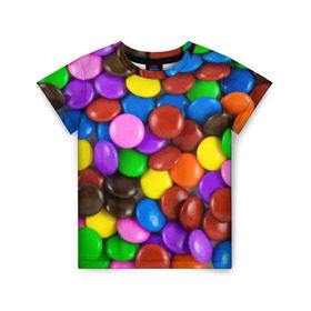 Детская футболка 3D с принтом Цветные конфетки в Санкт-Петербурге, 100% гипоаллергенный полиэфир | прямой крой, круглый вырез горловины, длина до линии бедер, чуть спущенное плечо, ткань немного тянется | вкусняшки | драже | конфеты | лакомство | сладости | шоколад