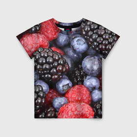 Детская футболка 3D с принтом Ягодки в Санкт-Петербурге, 100% гипоаллергенный полиэфир | прямой крой, круглый вырез горловины, длина до линии бедер, чуть спущенное плечо, ткань немного тянется | вкусно | голубика | дача | деревня | ежевика | клубника | малина | огород | полезно | сад | смородина | сок | фрукты | черника | ягоды