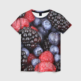 Женская футболка 3D с принтом Ягодки в Санкт-Петербурге, 100% полиэфир ( синтетическое хлопкоподобное полотно) | прямой крой, круглый вырез горловины, длина до линии бедер | вкусно | голубика | дача | деревня | ежевика | клубника | малина | огород | полезно | сад | смородина | сок | фрукты | черника | ягоды