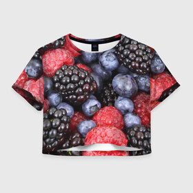 Женская футболка 3D укороченная с принтом Ягодки в Санкт-Петербурге, 100% полиэстер | круглая горловина, длина футболки до линии талии, рукава с отворотами | вкусно | голубика | дача | деревня | ежевика | клубника | малина | огород | полезно | сад | смородина | сок | фрукты | черника | ягоды