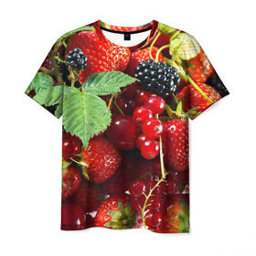 Мужская футболка 3D с принтом Любимые ягоды в Санкт-Петербурге, 100% полиэфир | прямой крой, круглый вырез горловины, длина до линии бедер | вкусно | голубика | дача | деревня | ежевика | зелень | клубника | малина | огород | полезно | сад | смородина | сок | фрукты | черника | шиповник | ягоды