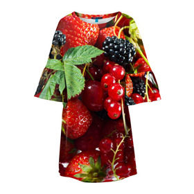Детское платье 3D с принтом Любимые ягоды в Санкт-Петербурге, 100% полиэстер | прямой силуэт, чуть расширенный к низу. Круглая горловина, на рукавах — воланы | вкусно | голубика | дача | деревня | ежевика | зелень | клубника | малина | огород | полезно | сад | смородина | сок | фрукты | черника | шиповник | ягоды