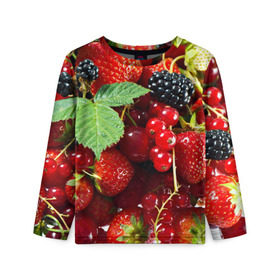 Детский лонгслив 3D с принтом Любимые ягоды в Санкт-Петербурге, 100% полиэстер | длинные рукава, круглый вырез горловины, полуприлегающий силуэт
 | вкусно | голубика | дача | деревня | ежевика | зелень | клубника | малина | огород | полезно | сад | смородина | сок | фрукты | черника | шиповник | ягоды