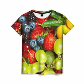 Женская футболка 3D с принтом Вкусные ягоды в Санкт-Петербурге, 100% полиэфир ( синтетическое хлопкоподобное полотно) | прямой крой, круглый вырез горловины, длина до линии бедер | виноград | вкусно | голубика | дача | деревня | ежевика | клубника | малина | огород | полезно | рябина | сад | смородина | сок | фрукты | черника | ягоды