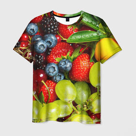 Мужская футболка 3D с принтом Вкусные ягоды в Санкт-Петербурге, 100% полиэфир | прямой крой, круглый вырез горловины, длина до линии бедер | Тематика изображения на принте: виноград | вкусно | голубика | дача | деревня | ежевика | клубника | малина | огород | полезно | рябина | сад | смородина | сок | фрукты | черника | ягоды