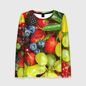 Женский лонгслив 3D с принтом Вкусные ягоды в Санкт-Петербурге, 100% полиэстер | длинные рукава, круглый вырез горловины, полуприлегающий силуэт | виноград | вкусно | голубика | дача | деревня | ежевика | клубника | малина | огород | полезно | рябина | сад | смородина | сок | фрукты | черника | ягоды