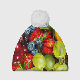 Шапка 3D c помпоном с принтом Вкусные ягоды в Санкт-Петербурге, 100% полиэстер | универсальный размер, печать по всей поверхности изделия | виноград | вкусно | голубика | дача | деревня | ежевика | клубника | малина | огород | полезно | рябина | сад | смородина | сок | фрукты | черника | ягоды