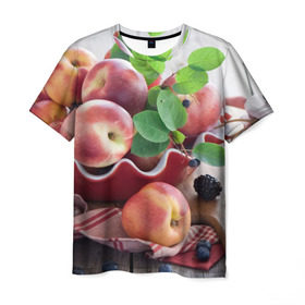 Мужская футболка 3D с принтом Персики в Санкт-Петербурге, 100% полиэфир | прямой крой, круглый вырез горловины, длина до линии бедер | Тематика изображения на принте: ваза | витамины | здоровье | лакомство | мёд | овощи | персики | сладости | тарелка | фрукты | черника | ягоды