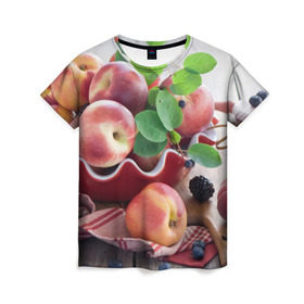 Женская футболка 3D с принтом Персики в Санкт-Петербурге, 100% полиэфир ( синтетическое хлопкоподобное полотно) | прямой крой, круглый вырез горловины, длина до линии бедер | Тематика изображения на принте: ваза | витамины | здоровье | лакомство | мёд | овощи | персики | сладости | тарелка | фрукты | черника | ягоды