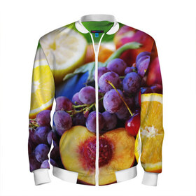 Мужской бомбер 3D с принтом Спелые фрукты в Санкт-Петербурге, 100% полиэстер | застегивается на молнию, по бокам два кармана без застежек, по низу бомбера и на воротнике - эластичная резинка | абрикос | алыча | апельсин | бодрость | веган | виноград | витамины | груша | диета | еда | здоровье | лайм | лимон | молодость | нектар | овощи | персик | питание | польза | сок | фрукты | яблоко | ягоды