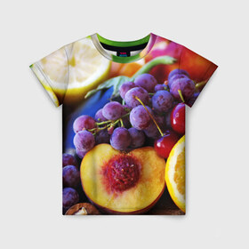 Детская футболка 3D с принтом Спелые фрукты в Санкт-Петербурге, 100% гипоаллергенный полиэфир | прямой крой, круглый вырез горловины, длина до линии бедер, чуть спущенное плечо, ткань немного тянется | абрикос | алыча | апельсин | бодрость | веган | виноград | витамины | груша | диета | еда | здоровье | лайм | лимон | молодость | нектар | овощи | персик | питание | польза | сок | фрукты | яблоко | ягоды
