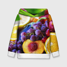 Детская толстовка 3D с принтом Спелые фрукты в Санкт-Петербурге, 100% полиэстер | двухслойный капюшон со шнурком для регулировки, мягкие манжеты на рукавах и по низу толстовки, спереди карман-кенгуру с мягким внутренним слоем | Тематика изображения на принте: абрикос | алыча | апельсин | бодрость | веган | виноград | витамины | груша | диета | еда | здоровье | лайм | лимон | молодость | нектар | овощи | персик | питание | польза | сок | фрукты | яблоко | ягоды