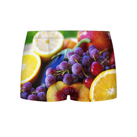 Мужские трусы 3D с принтом Спелые фрукты в Санкт-Петербурге, 50% хлопок, 50% полиэстер | классическая посадка, на поясе мягкая тканевая резинка | абрикос | алыча | апельсин | бодрость | веган | виноград | витамины | груша | диета | еда | здоровье | лайм | лимон | молодость | нектар | овощи | персик | питание | польза | сок | фрукты | яблоко | ягоды