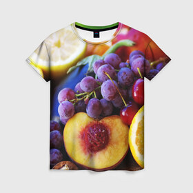Женская футболка 3D с принтом Спелые фрукты в Санкт-Петербурге, 100% полиэфир ( синтетическое хлопкоподобное полотно) | прямой крой, круглый вырез горловины, длина до линии бедер | абрикос | алыча | апельсин | бодрость | веган | виноград | витамины | груша | диета | еда | здоровье | лайм | лимон | молодость | нектар | овощи | персик | питание | польза | сок | фрукты | яблоко | ягоды