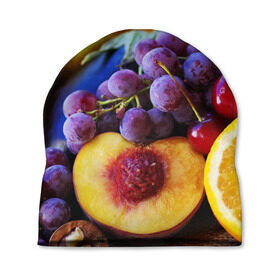 Шапка 3D с принтом Спелые фрукты в Санкт-Петербурге, 100% полиэстер | универсальный размер, печать по всей поверхности изделия | Тематика изображения на принте: абрикос | алыча | апельсин | бодрость | веган | виноград | витамины | груша | диета | еда | здоровье | лайм | лимон | молодость | нектар | овощи | персик | питание | польза | сок | фрукты | яблоко | ягоды