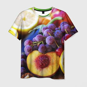 Мужская футболка 3D с принтом Спелые фрукты в Санкт-Петербурге, 100% полиэфир | прямой крой, круглый вырез горловины, длина до линии бедер | Тематика изображения на принте: абрикос | алыча | апельсин | бодрость | веган | виноград | витамины | груша | диета | еда | здоровье | лайм | лимон | молодость | нектар | овощи | персик | питание | польза | сок | фрукты | яблоко | ягоды