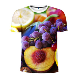 Мужская футболка 3D спортивная с принтом Спелые фрукты в Санкт-Петербурге, 100% полиэстер с улучшенными характеристиками | приталенный силуэт, круглая горловина, широкие плечи, сужается к линии бедра | Тематика изображения на принте: абрикос | алыча | апельсин | бодрость | веган | виноград | витамины | груша | диета | еда | здоровье | лайм | лимон | молодость | нектар | овощи | персик | питание | польза | сок | фрукты | яблоко | ягоды