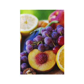 Обложка для паспорта матовая кожа с принтом Спелые фрукты в Санкт-Петербурге, натуральная матовая кожа | размер 19,3 х 13,7 см; прозрачные пластиковые крепления | абрикос | алыча | апельсин | бодрость | веган | виноград | витамины | груша | диета | еда | здоровье | лайм | лимон | молодость | нектар | овощи | персик | питание | польза | сок | фрукты | яблоко | ягоды