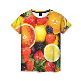 Женская футболка 3D с принтом Ягоды и фрукты в Санкт-Петербурге, 100% полиэфир ( синтетическое хлопкоподобное полотно) | прямой крой, круглый вырез горловины, длина до линии бедер | абрикос | алыча | апельсин | бодрость | веган | виноград | витамины | груша | диета | еда | здоровье | клубника | лайм | лимон | малина | молодость | нектар | овощи | персик | питание | польза | смородина