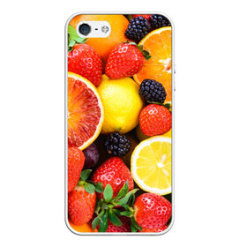 Чехол для Apple iPhone 5/5S силиконовый с принтом Ягоды и фрукты в Санкт-Петербурге, Силикон | Область печати: задняя сторона чехла, без боковых панелей | абрикос | алыча | апельсин | бодрость | веган | виноград | витамины | груша | диета | еда | здоровье | клубника | лайм | лимон | малина | молодость | нектар | овощи | персик | питание | польза | смородина
