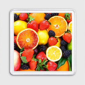 Магнит 55*55 с принтом Ягоды и фрукты в Санкт-Петербурге, Пластик | Размер: 65*65 мм; Размер печати: 55*55 мм | абрикос | алыча | апельсин | бодрость | веган | виноград | витамины | груша | диета | еда | здоровье | клубника | лайм | лимон | малина | молодость | нектар | овощи | персик | питание | польза | смородина