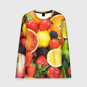 Мужской лонгслив 3D с принтом Ягоды и фрукты в Санкт-Петербурге, 100% полиэстер | длинные рукава, круглый вырез горловины, полуприлегающий силуэт | абрикос | алыча | апельсин | бодрость | веган | виноград | витамины | груша | диета | еда | здоровье | клубника | лайм | лимон | малина | молодость | нектар | овощи | персик | питание | польза | смородина