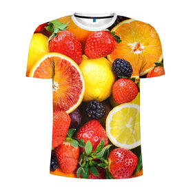 Мужская футболка 3D спортивная с принтом Ягоды и фрукты в Санкт-Петербурге, 100% полиэстер с улучшенными характеристиками | приталенный силуэт, круглая горловина, широкие плечи, сужается к линии бедра | абрикос | алыча | апельсин | бодрость | веган | виноград | витамины | груша | диета | еда | здоровье | клубника | лайм | лимон | малина | молодость | нектар | овощи | персик | питание | польза | смородина