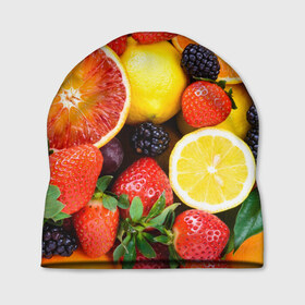Шапка 3D с принтом Ягоды и фрукты в Санкт-Петербурге, 100% полиэстер | универсальный размер, печать по всей поверхности изделия | абрикос | алыча | апельсин | бодрость | веган | виноград | витамины | груша | диета | еда | здоровье | клубника | лайм | лимон | малина | молодость | нектар | овощи | персик | питание | польза | смородина