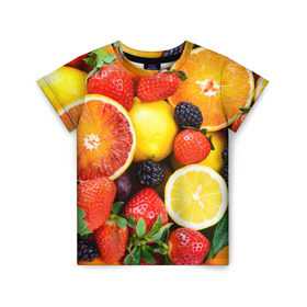 Детская футболка 3D с принтом Ягоды и фрукты в Санкт-Петербурге, 100% гипоаллергенный полиэфир | прямой крой, круглый вырез горловины, длина до линии бедер, чуть спущенное плечо, ткань немного тянется | Тематика изображения на принте: абрикос | алыча | апельсин | бодрость | веган | виноград | витамины | груша | диета | еда | здоровье | клубника | лайм | лимон | малина | молодость | нектар | овощи | персик | питание | польза | смородина