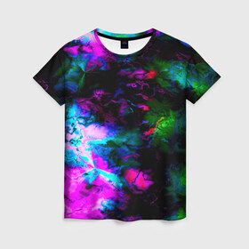 Женская футболка 3D с принтом Цветные волны в Санкт-Петербурге, 100% полиэфир ( синтетическое хлопкоподобное полотно) | прямой крой, круглый вырез горловины, длина до линии бедер | абстракция | иллюзии | краска | текстуры | цветные