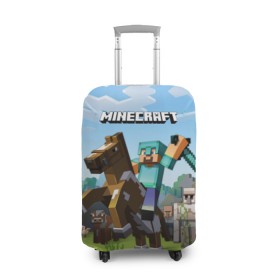 Чехол для чемодана 3D с принтом Minecraft на коне в Санкт-Петербурге, 86% полиэфир, 14% спандекс | двустороннее нанесение принта, прорези для ручек и колес | game | minecraft | игры | маинкрафт | майн | майнкравт | майнкрафт