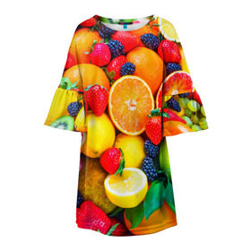 Детское платье 3D с принтом Ягоды и фрукты в Санкт-Петербурге, 100% полиэстер | прямой силуэт, чуть расширенный к низу. Круглая горловина, на рукавах — воланы | апельсин | ежевика | клубника | фрукты | ягода