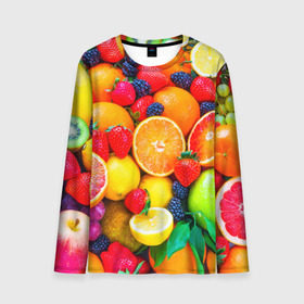 Мужской лонгслив 3D с принтом Ягоды и фрукты в Санкт-Петербурге, 100% полиэстер | длинные рукава, круглый вырез горловины, полуприлегающий силуэт | апельсин | ежевика | клубника | фрукты | ягода