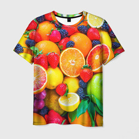 Мужская футболка 3D с принтом Ягоды и фрукты в Санкт-Петербурге, 100% полиэфир | прямой крой, круглый вырез горловины, длина до линии бедер | апельсин | ежевика | клубника | фрукты | ягода