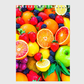 Скетчбук с принтом Ягоды и фрукты в Санкт-Петербурге, 100% бумага
 | 48 листов, плотность листов — 100 г/м2, плотность картонной обложки — 250 г/м2. Листы скреплены сверху удобной пружинной спиралью | апельсин | ежевика | клубника | фрукты | ягода