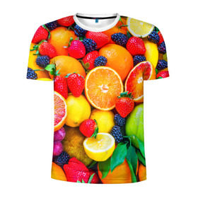 Мужская футболка 3D спортивная с принтом Ягоды и фрукты в Санкт-Петербурге, 100% полиэстер с улучшенными характеристиками | приталенный силуэт, круглая горловина, широкие плечи, сужается к линии бедра | апельсин | ежевика | клубника | фрукты | ягода