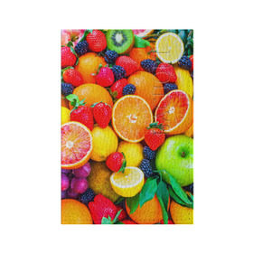 Обложка для паспорта матовая кожа с принтом Ягоды и фрукты в Санкт-Петербурге, натуральная матовая кожа | размер 19,3 х 13,7 см; прозрачные пластиковые крепления | Тематика изображения на принте: апельсин | ежевика | клубника | фрукты | ягода